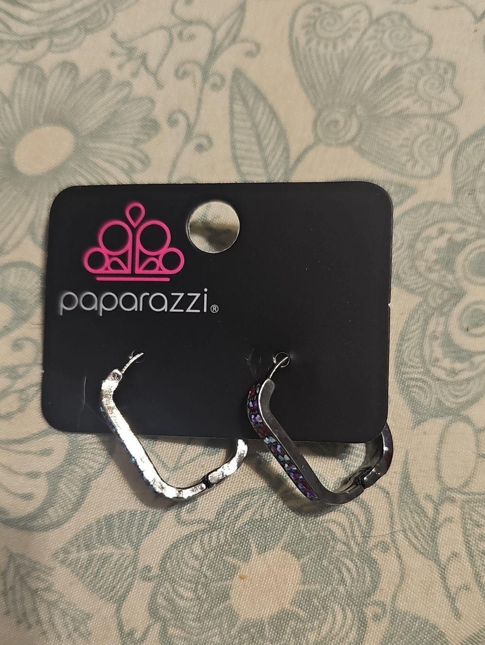 paparazzi Gunmetal V-Shaped Hoop Earrings with Purple Accent Stones